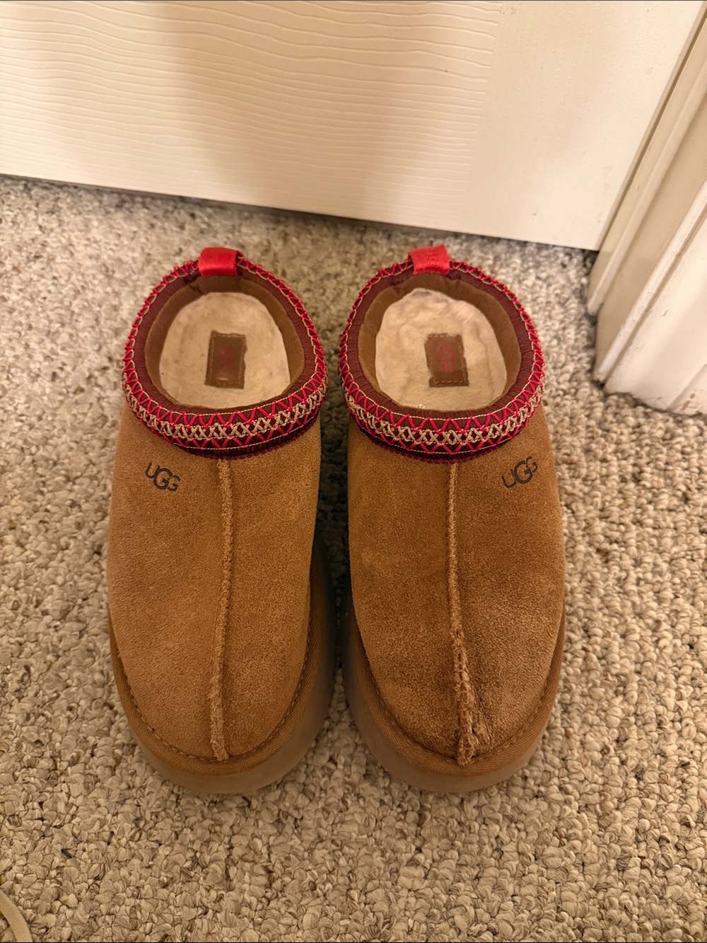UGG Chestnut Brown Suede Slip-On Clogs with Red Trim